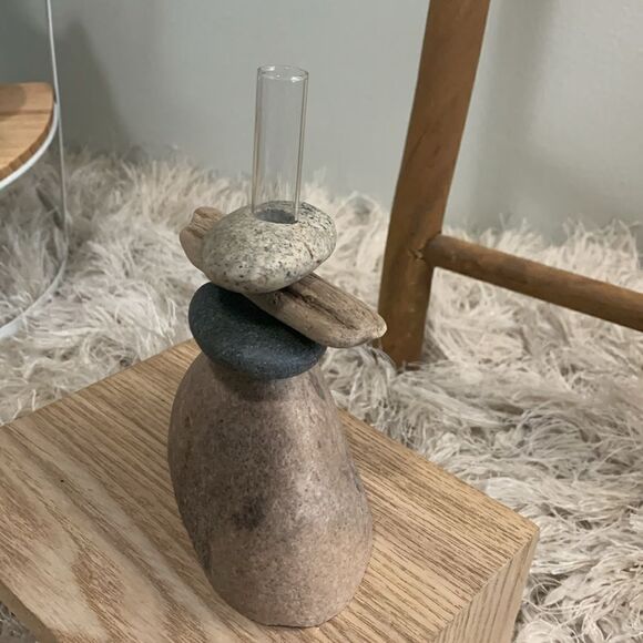 Small Cairn Style Boho Driftwood And Stone Bud Vase - Picture 9 of 14